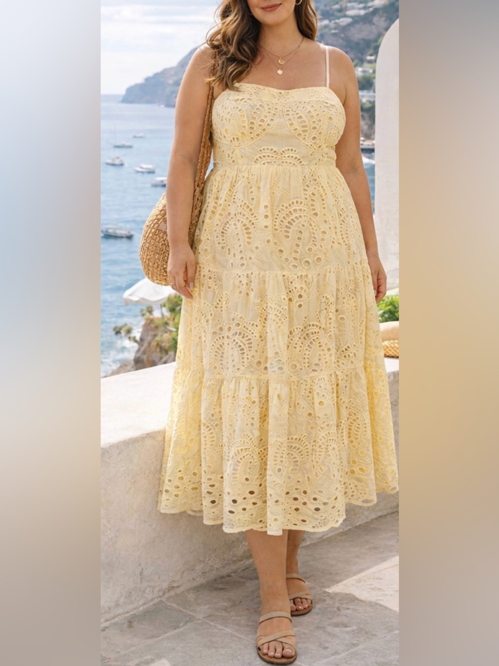Calypso St. Barth Palm Eyelet Midi Dress XL Yellow Luxury Resort Tiered Sundress